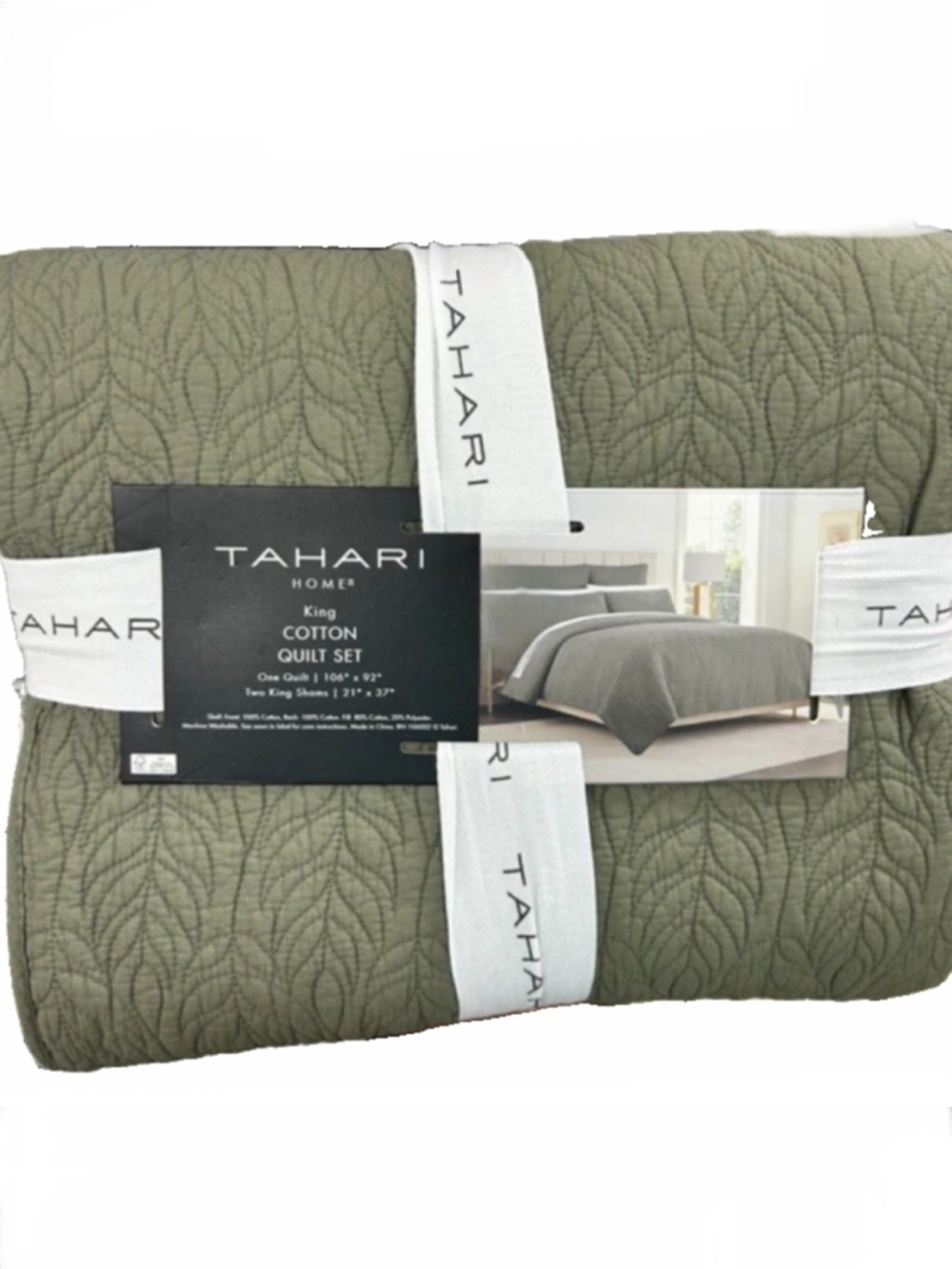 Tahari King Green Cotton Quilt Set 106”x92”